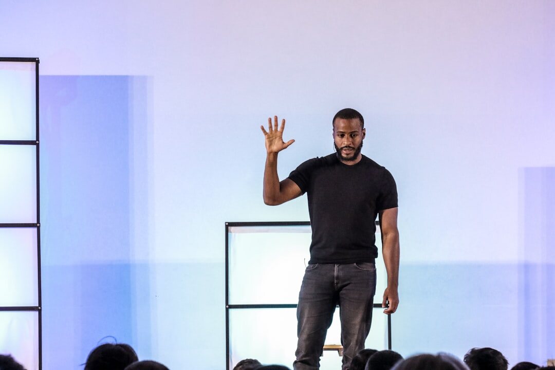 confident speaker on stage